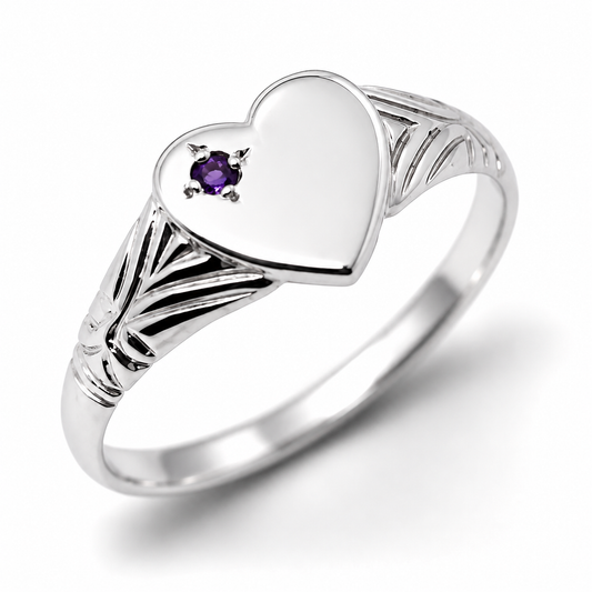 Kaedesigns Sterling Silver 925 Heart Amethyst Set Signet Ring
