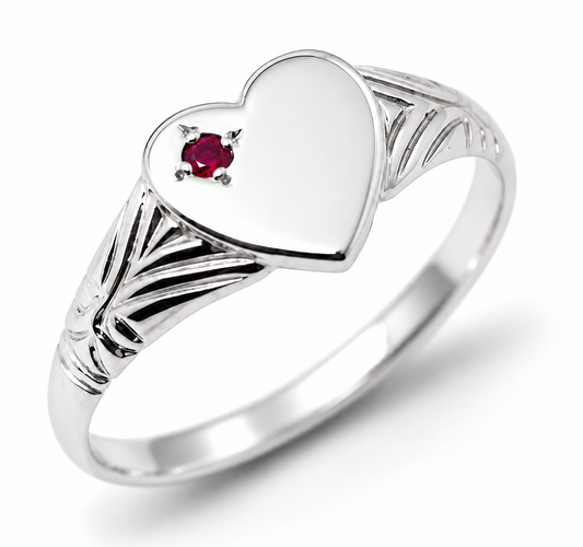 Solid Sterling Silver 925 Heart Ruby Set Signet Ring