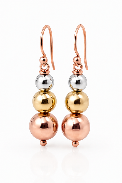 Genuine 3 Ball Three Tone 9ct 9k 375 Rose, Yellow & White Gold Ball Drop Ball Earrings