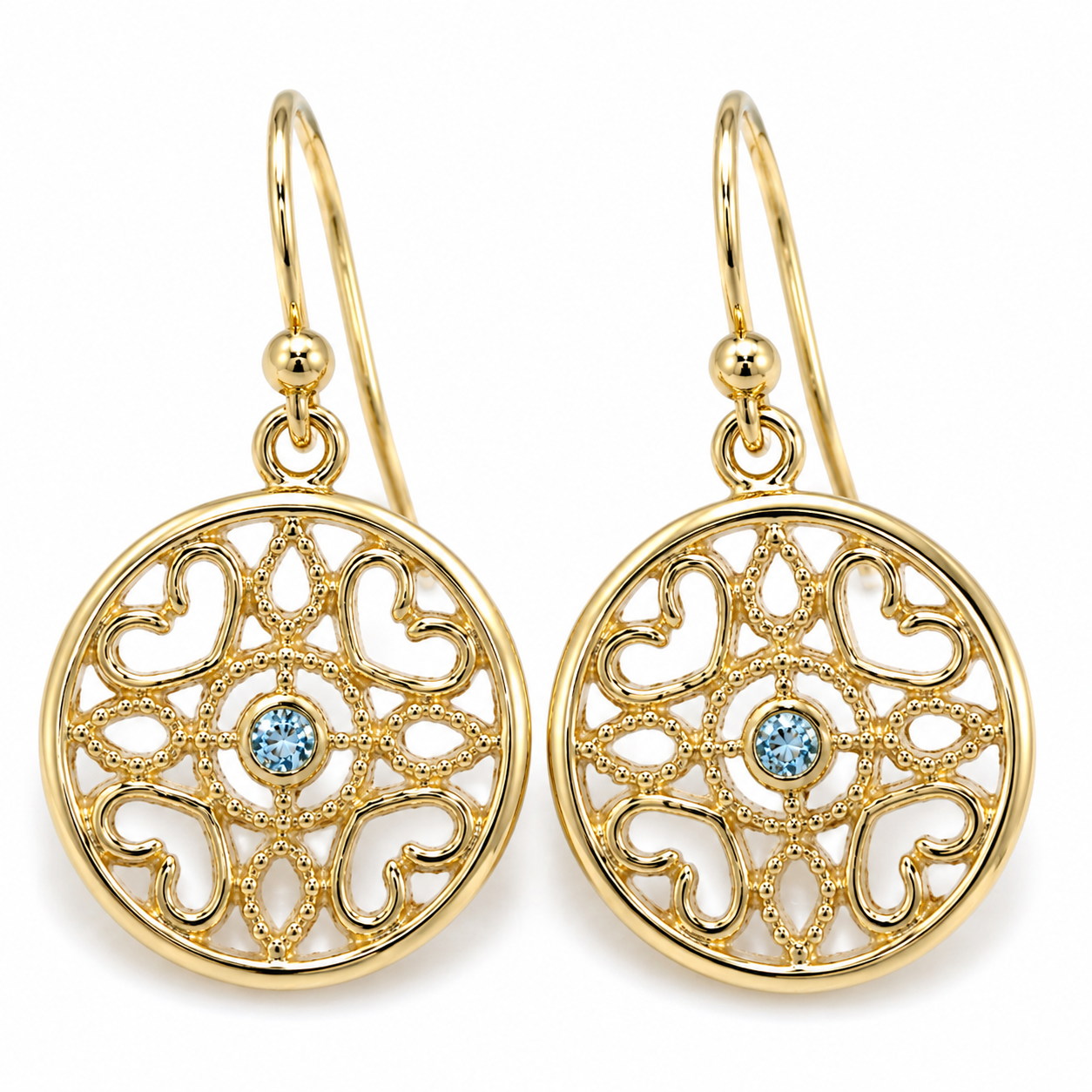 Genuine 9ct 9k 375 Yellow, Rose or White Gold Topaz Disc Heart Filigree Hook Earrings