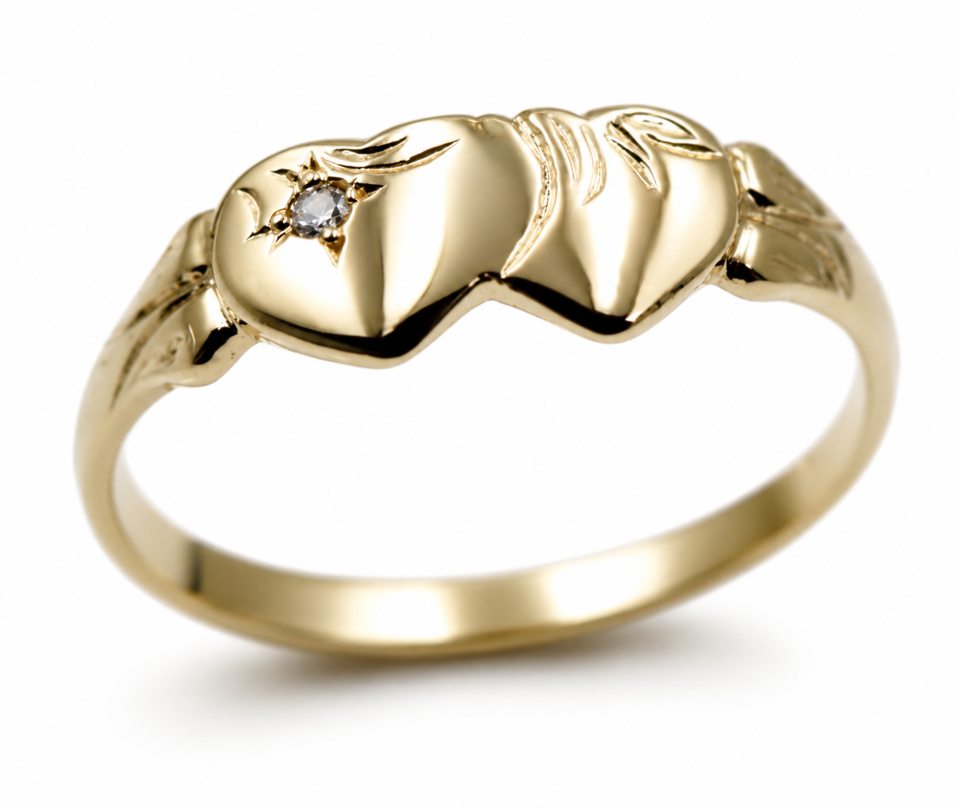 Genuine 9ct 9k 375 Yellow, Rose or White Gold Double Heart White Sapphire Signet Ring - Choose your size