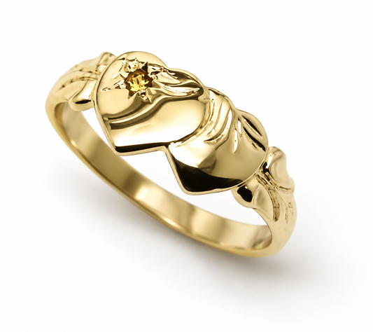Genuine 9ct 9k 375 Yellow Gold Double Heart Yellow Topaz Birthstone Signet Ring - Choose your size