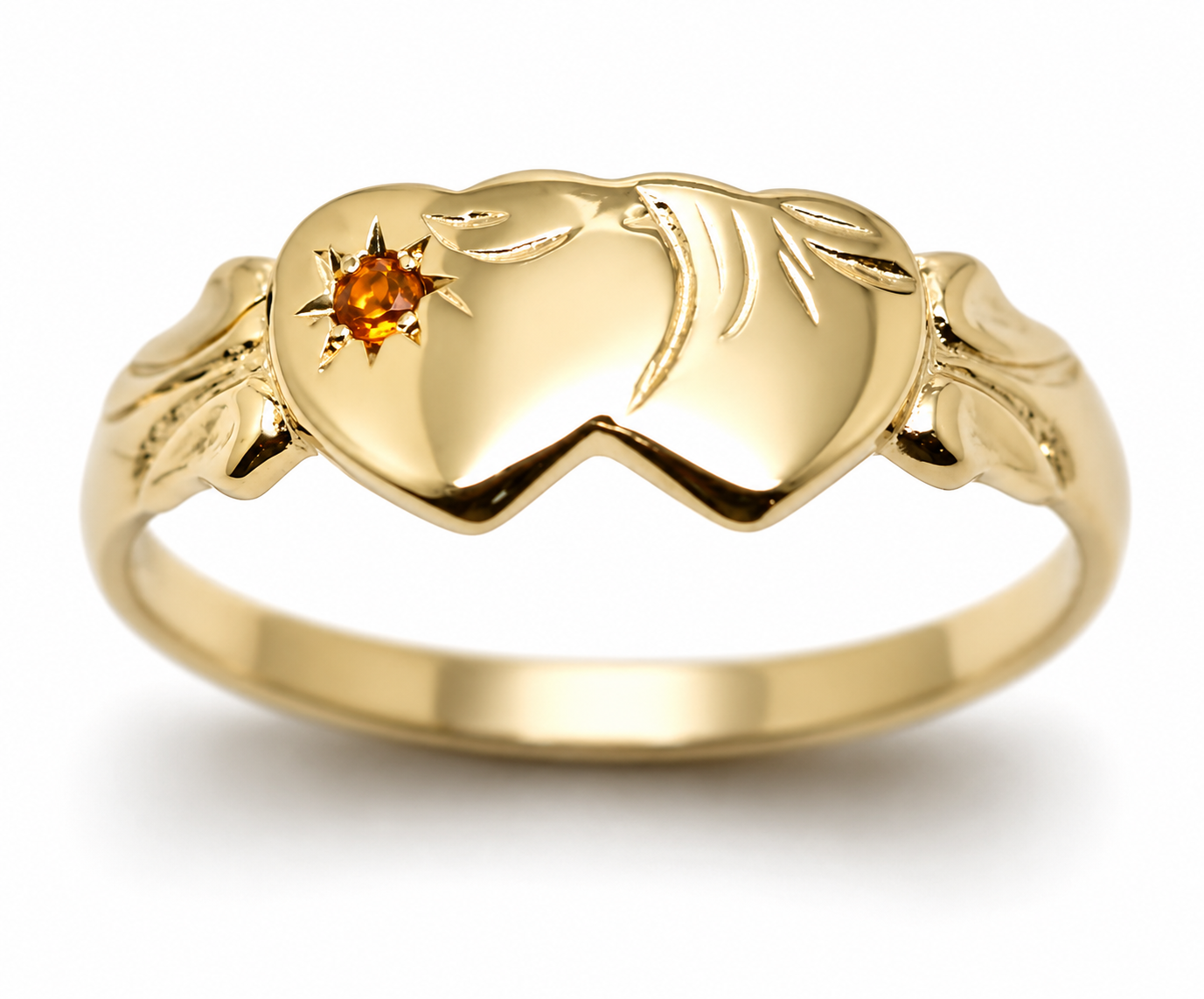 Genuine 9ct 9k 375 Yellow Gold Double Heart Yellow Topaz November Birthstone Signet Ring In your size