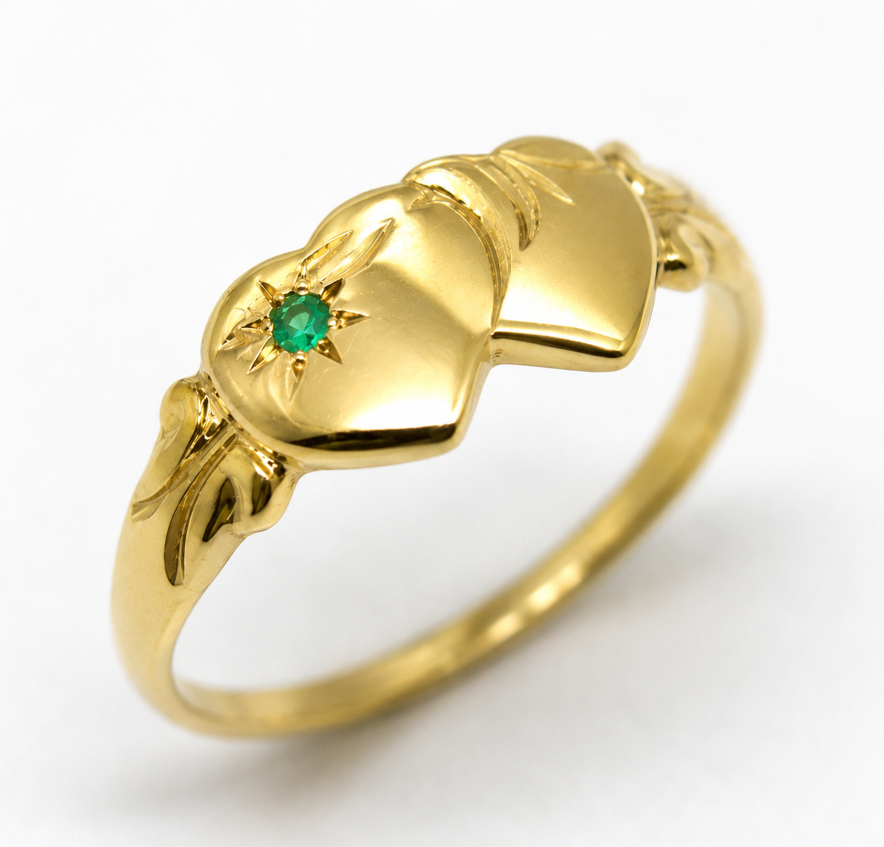 Genuine 9ct 9k 375 Yellow, Rose or White Gold Double Heart Green Emerald Signet Ring May birthstone