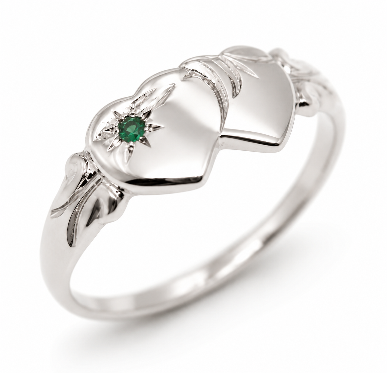 Genuine 9ct 9k 375 Yellow, Rose or White Gold Double Heart Green Emerald Signet Ring May birthstone