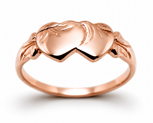 Solid 9ct 9Kt 375 Rose Gold Double Heart Signet Ring - Choose your size