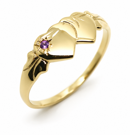 Genuine 9ct 9k 375 Yellow Gold 375 Amethyst (Birthstone Of February) Double Heart Signet Ring Sizes P, Q, R, S, T