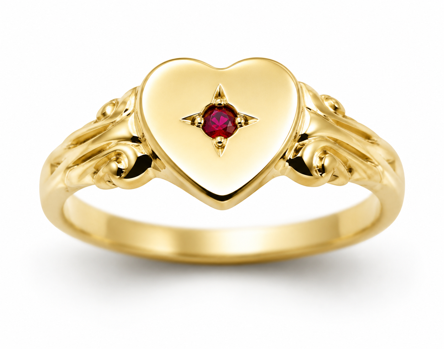 Genuine 9ct 9k 375 Yellow, Rose or White Gold Heart Ruby Signet Ring - July Birthstone