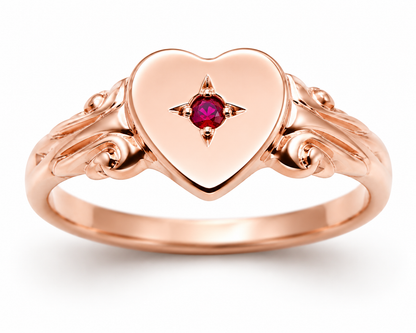 Genuine 9ct 9k 375 Yellow, Rose or White Gold Heart Ruby Signet Ring - July Birthstone