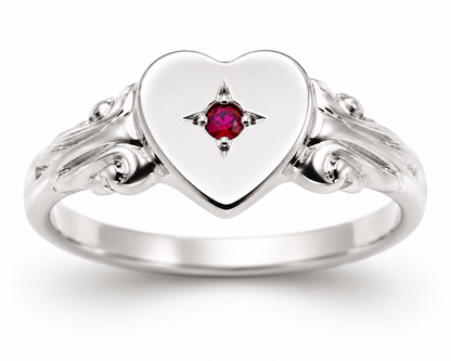 Genuine 9ct 9k 375 Yellow, Rose or White Gold Heart Ruby Signet Ring - July Birthstone
