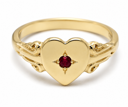 Genuine 9ct 9k 375 Yellow, Rose or White Gold Heart Ruby Signet Ring - July Birthstone