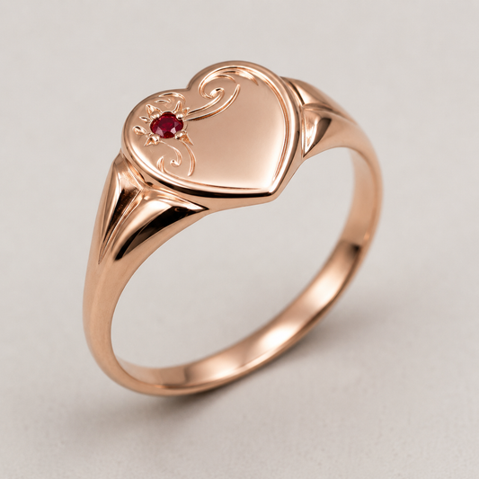 Genuine 9ct 9k 375 Yellow, Rose or White Gold Heart Garnet Signet Ring - January Birthstone