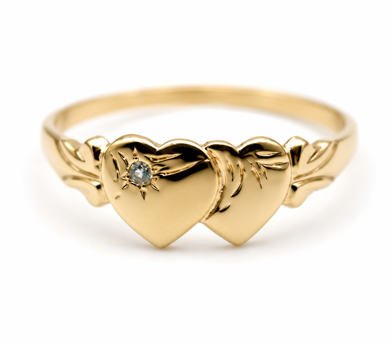 Genuine 9ct 9k 375 Yellow, Rose or White Gold Double Heart Blue Topaz Signet Ring (November Birthstone)