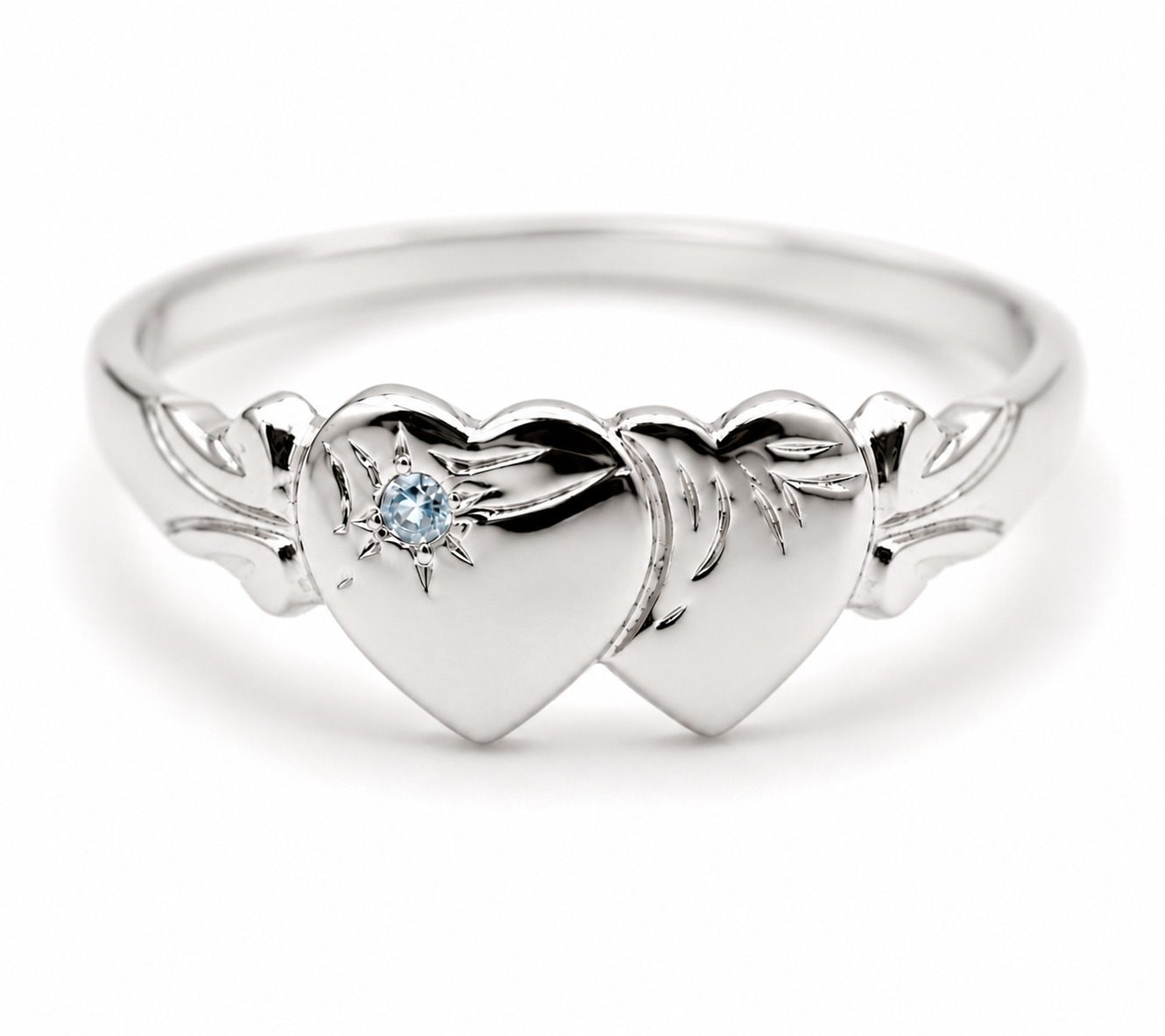 Genuine 9ct 9k 375 Yellow, Rose or White Gold Double Heart Blue Topaz Signet Ring (November Birthstone)