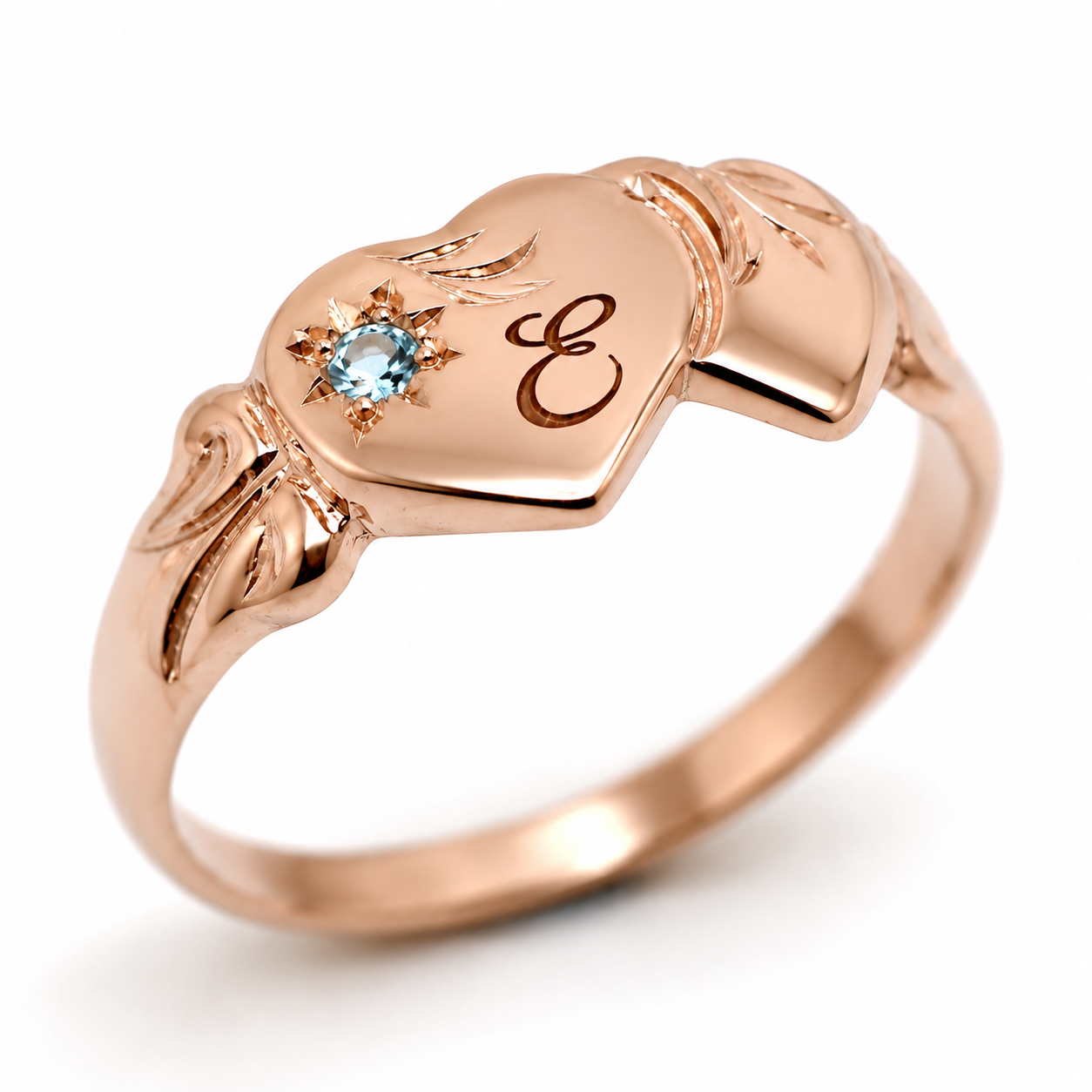 Genuine 9ct 9k 375 Yellow, Rose or White Gold Double Heart Topaz Signet Ring + Engraving 1 initial