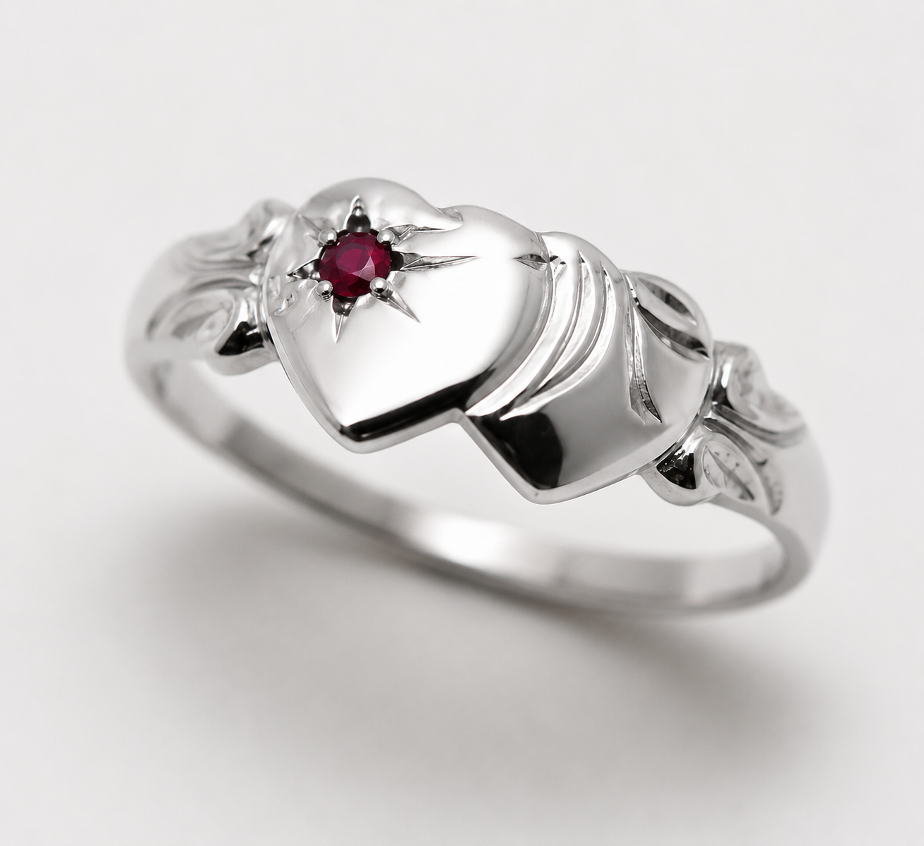 Genuine 9ct 9k 375 Yellow, Rose or White Gold Double Heart Ruby Signet Ring - July Birthstone
