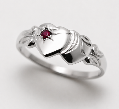 Genuine 9ct 9k 375 Yellow, Rose or White Gold Double Heart Ruby Signet Ring - July Birthstone