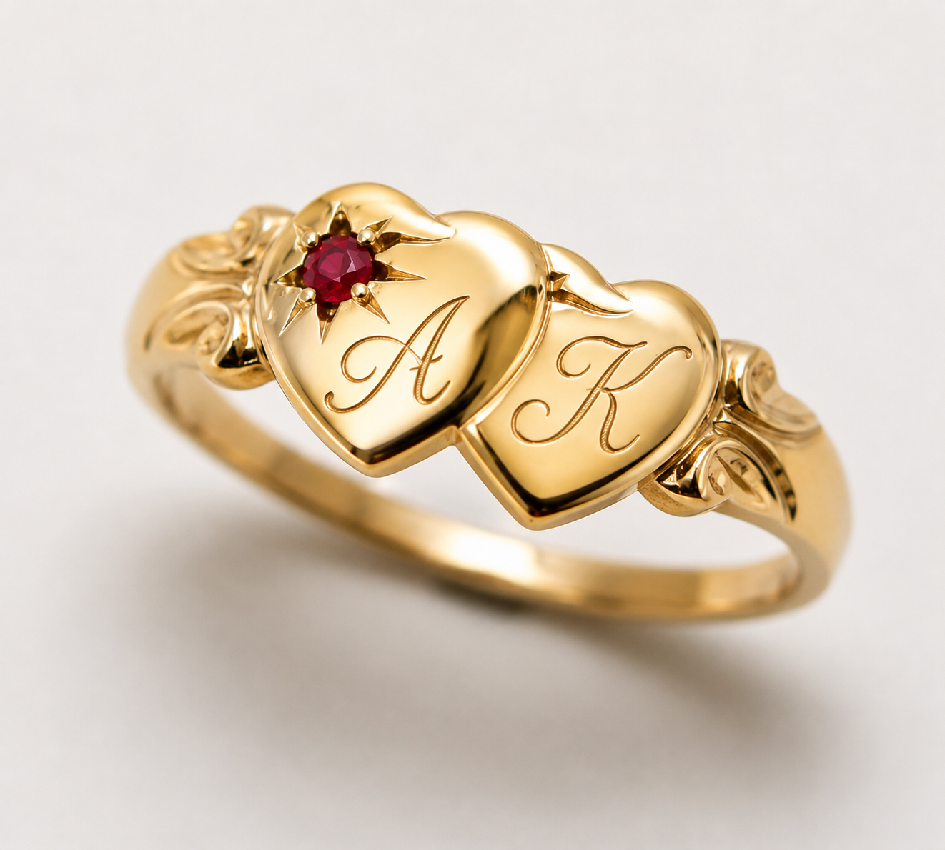 Genuine 9ct 9k 375 Yellow, Rose or White Gold Double Heart Ruby Signet Ring - July Birthstone Plus Engraving
