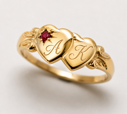Genuine 9ct 9k 375 Yellow, Rose or White Gold Double Heart Ruby Signet Ring - July Birthstone Plus Engraving