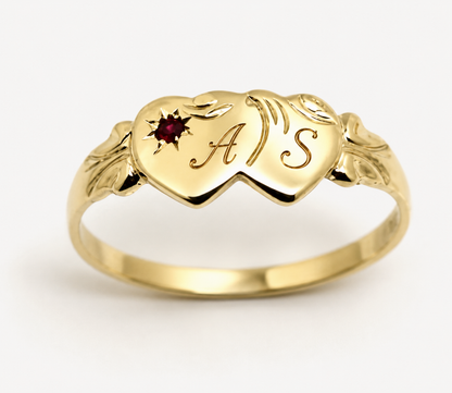 Genuine 9ct 9k 375 Yellow, Rose or White Gold Double Heart Ruby Signet Ring - July Birthstone Plus Engraving