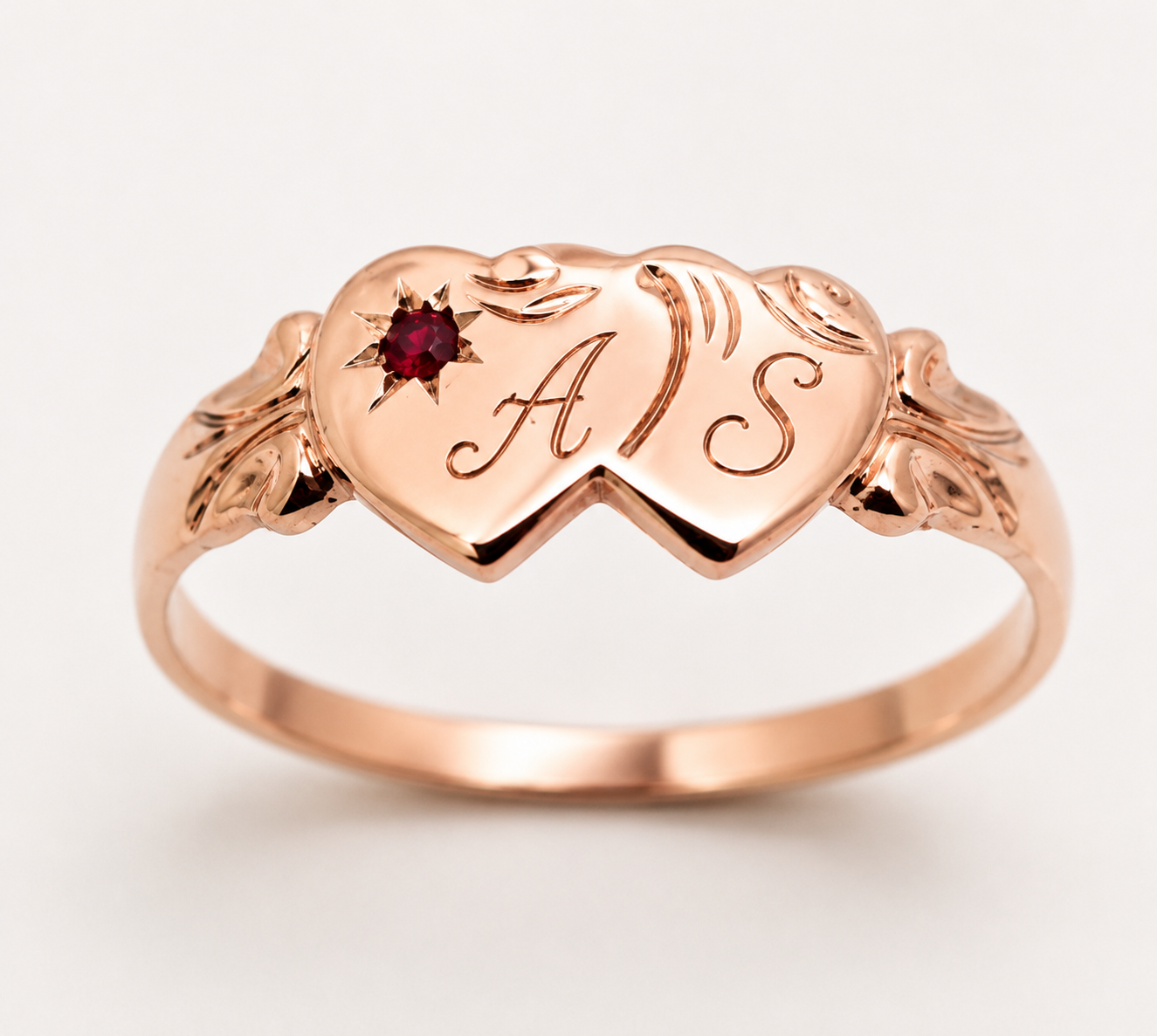 Genuine 9ct 9k 375 Yellow, Rose or White Gold Double Heart Ruby Signet Ring - July Birthstone Plus Engraving