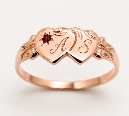 Genuine 9ct 9k 375 Yellow, Rose or White Gold Double Heart Ruby Signet Ring - July Birthstone Plus Engraving