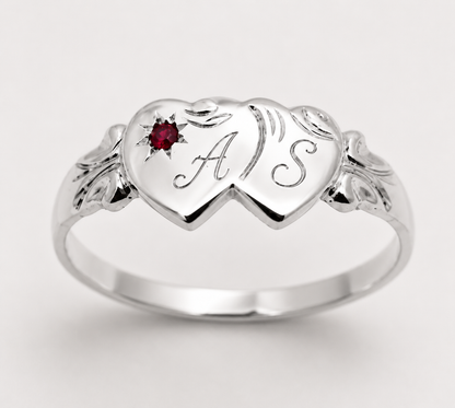 Genuine 9ct 9k 375 Yellow, Rose or White Gold Double Heart Ruby Signet Ring - July Birthstone Plus Engraving