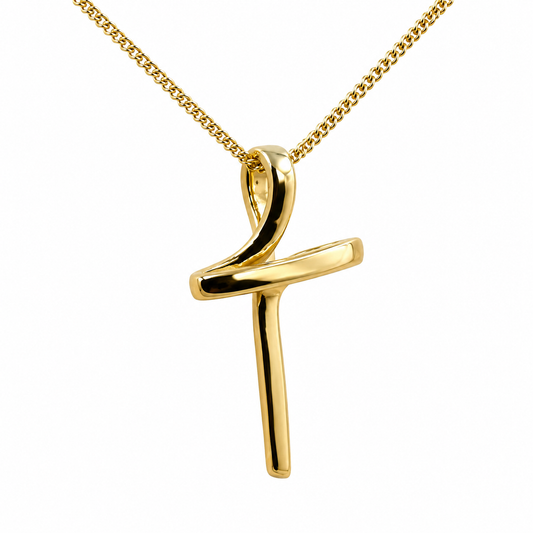 Modern 9ct 9k 375 Yellow Gold Cross Crucifix Pendant + Curb Necklace Chain