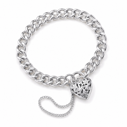 Sterling Silver 925 Round Curb Filigree Padlock 21cm 31g Bracelet