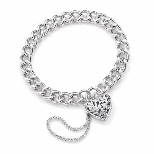 Sterling Silver 925 Round Curb Filigree Padlock 21cm 31g Bracelet