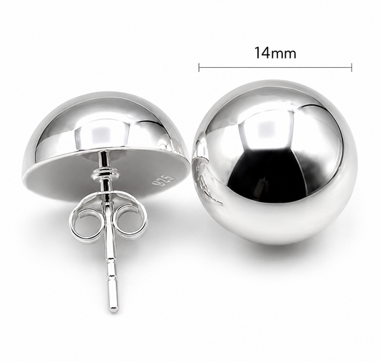 Genuine Sterling Silver 925 Half 14mm Dome Ball Round Earrings Studs