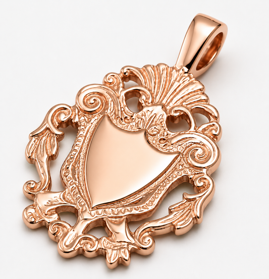 Genuine Solid 9K 9ct 375 Yellow, Rose or White Gold Filigree Shield FOB Pendant