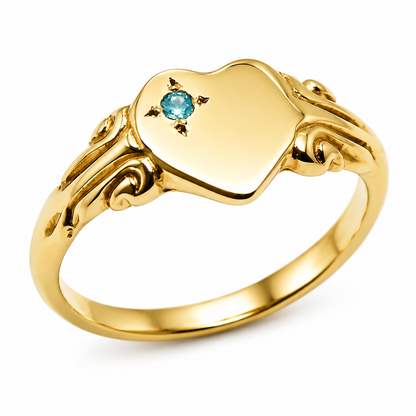 Genuine 9ct 9k 375 Yellow, Rose or White Gold Heart Aquamarine Signet Ring - March Birthstone