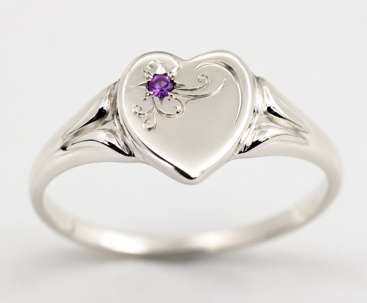 Genuine Large Sterling Silver 925 Heart Set with Amethyst Signet Ring - Choose your size
