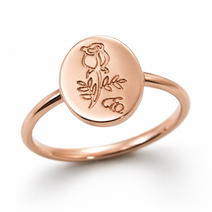 Genuine Size 3.5 / G 1/4 9ct yellow, Rose or White gold oval signet ring with rose and initial