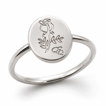 Genuine Size 3.5 / G 1/4 9ct yellow, Rose or White gold oval signet ring with rose and initial