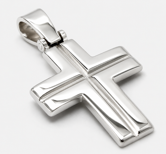 Genuine Solid Sterling Silver 925 Heavy Large Ridged Plain Cross Pendant -  42mm Including Bale x Width 24mm