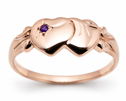 Genuine 9ct 9k 375 Rose Gold Double Heart Yellow Purple Amethyst February Birthstone Signet Ring In your size