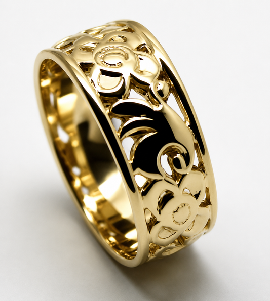 Genuine 9ct 9K 375 Full Solid Wide Yellow, Rose or White Gold Filigree Flower Ring 275 - Choose your ring size J to Q