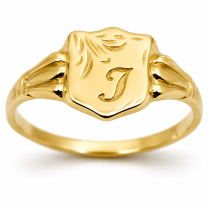 Genuine 9ct 9kt 375 Yellow, Rose or White Gold Shield Signet Ring + Engraving of one initial