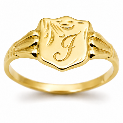 Genuine 9ct 9kt 375 Yellow, Rose or White Gold Shield Signet Ring + Engraving of one initial