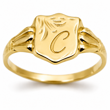Genuine 9ct 9kt 375 Yellow, Rose or White Gold Shield Signet Ring + Engraving of one initial