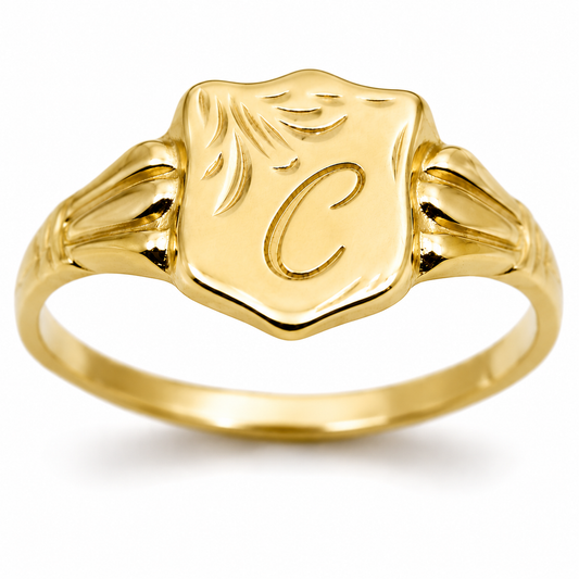 Genuine 9ct 9kt 375 Yellow, Rose or White Gold Shield Signet Ring + Engraving of one initial