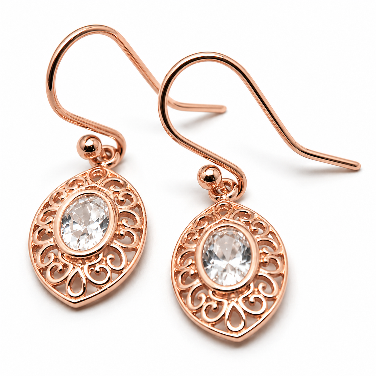 Genuine 9ct 9k 375 Yellow, White or Rose Gold White Stone Set Filigree Hook Earrings
