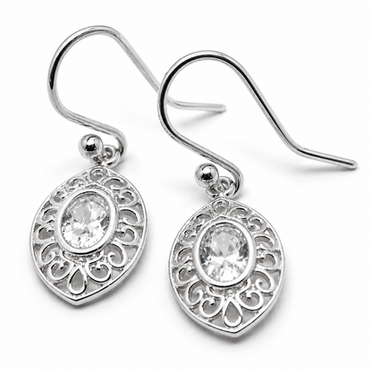 Genuine 9ct 9k 375 Yellow, White or Rose Gold White Stone Set Filigree Hook Earrings