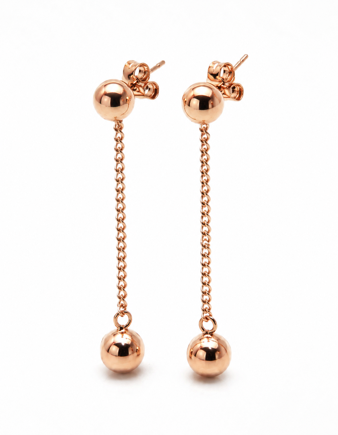 Genuine 9ct 9Kt 375 Rose Gold 8mm Ball Drop Chain Stud Earrings