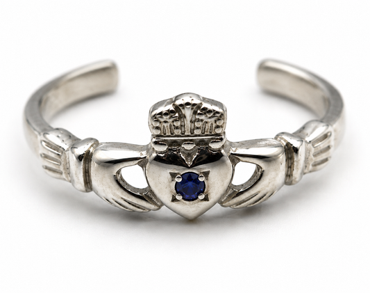 Genuine 9ct 9k 375 White Gold Irish Claddagh Blue Sapphire Toe Ring