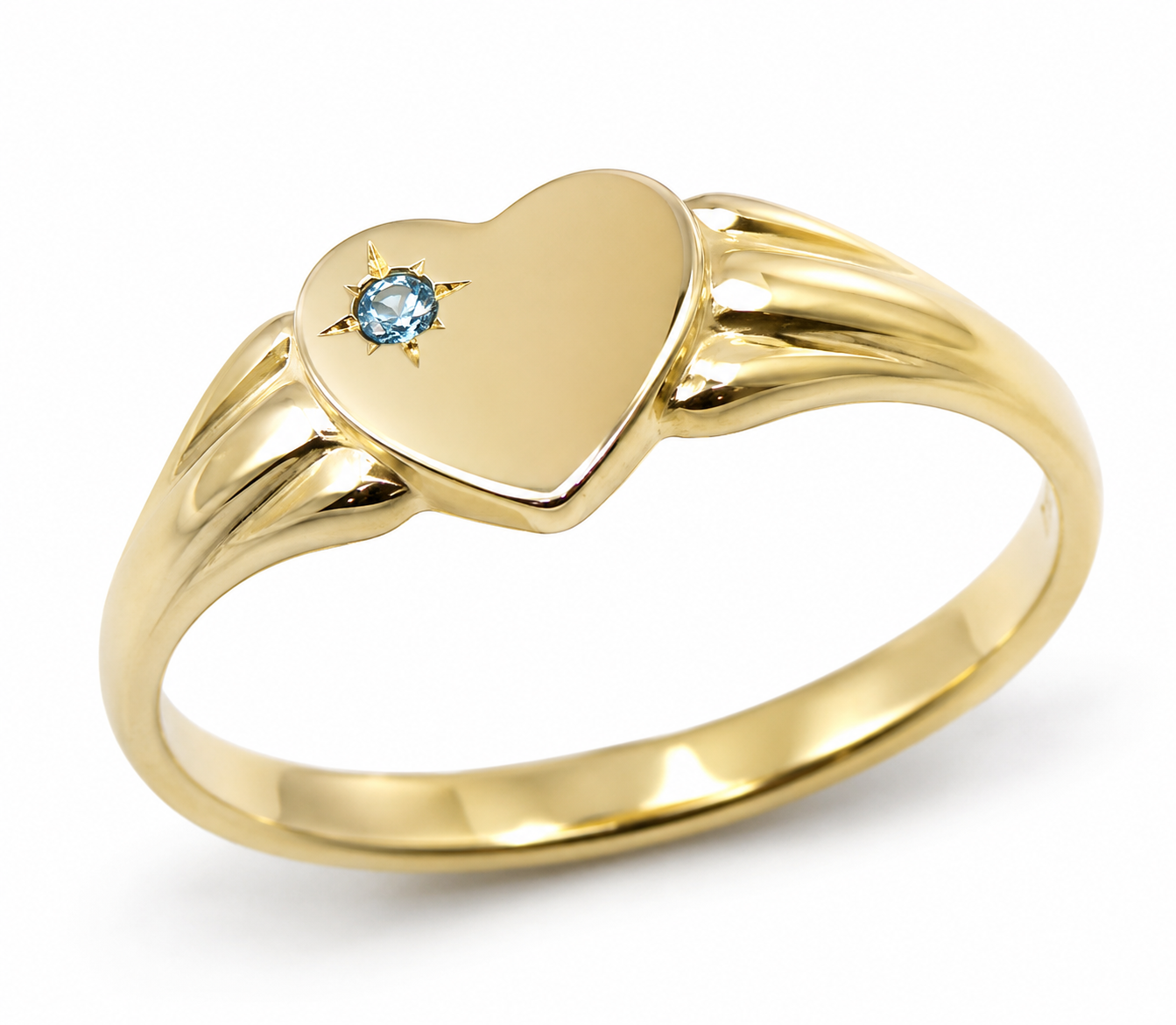 Genuine 9ct 9k 375 Yellow, Rose or White Gold Blue Topaz Heart Signet Ring - July Birthstone 324