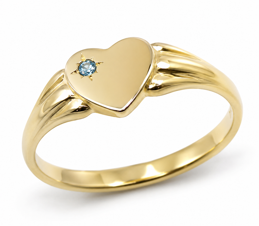 Genuine 9ct 9k 375 Yellow, Rose or White Gold Blue Topaz Heart Signet Ring - July Birthstone 324