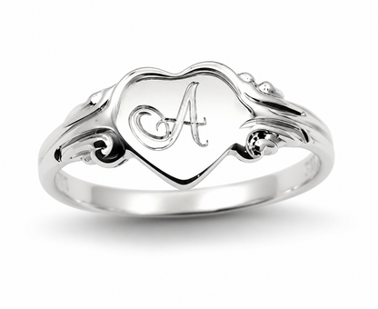 Genuine Solid Sterling Silver 925 Heart Signet Ring - Free Laser Engraving